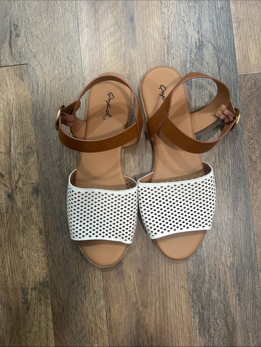 Qupid Two-Tone White Perforated & Tan Ankle Strap Sandals